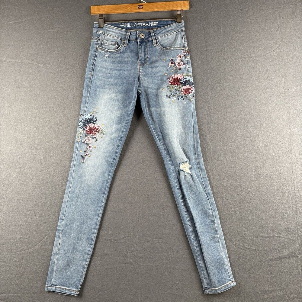 Vanilla Star Girls Midrise Skinny Flower Embroidered Size 3 Jeans